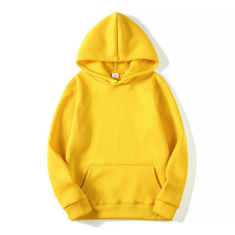 Front view of a plain yellow fleece hooded sweatshirt laid flat, with a front pouch pocket, ribbed cuffs and matching drawstring. 1