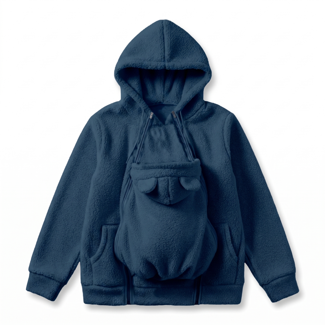 Flat lay of the navy blue fleece hoodie showing the front pouch with small bear ears and double zips. 2
