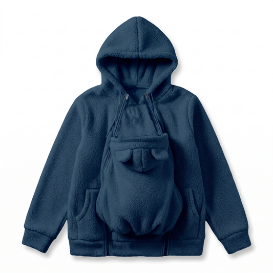 Flat lay of the navy blue fleece hoodie showing the front pouch with small bear ears and double zips. 2