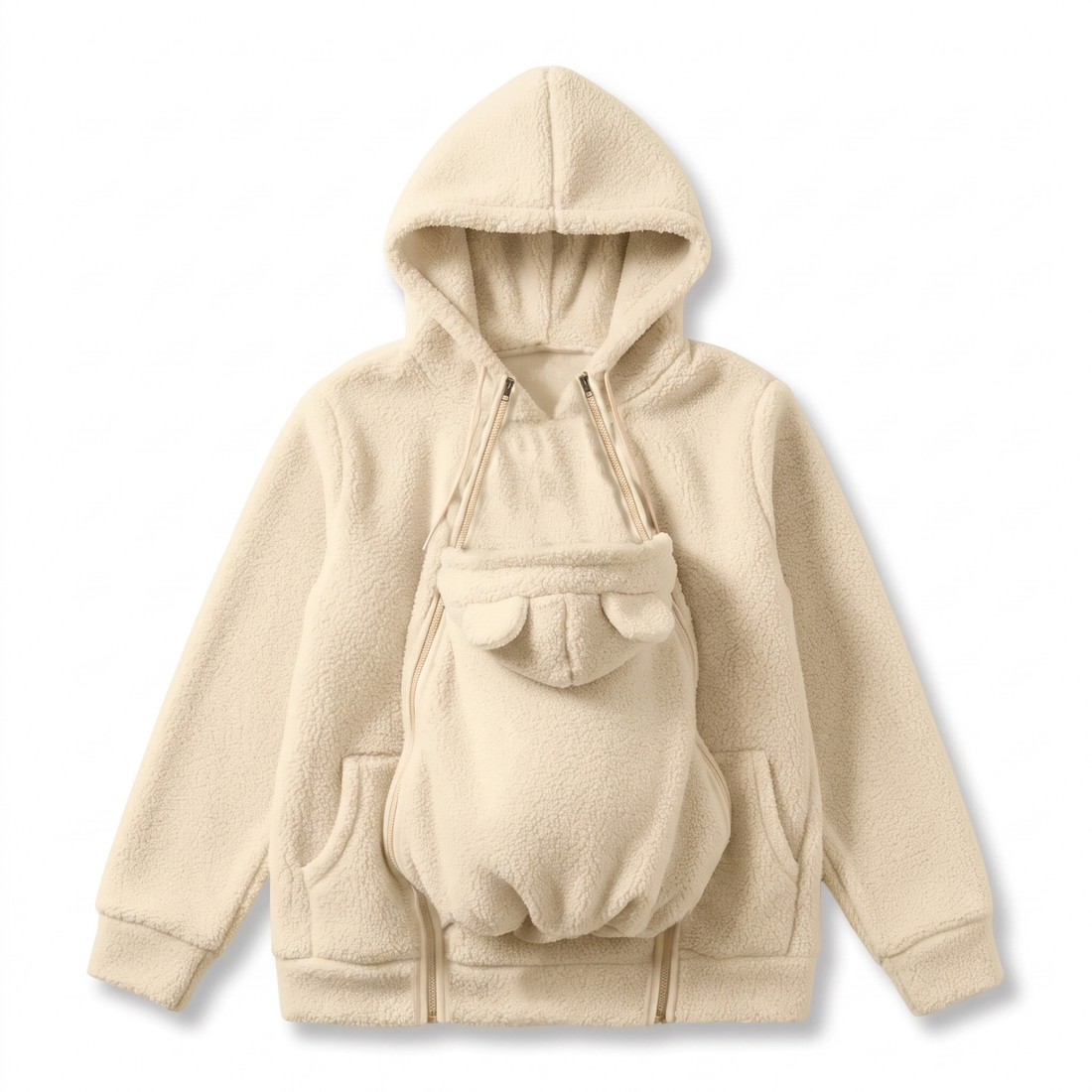 Flat lay of the cream fleece hoodie with the front baby pouch, bear ears and zips at both sides. 4