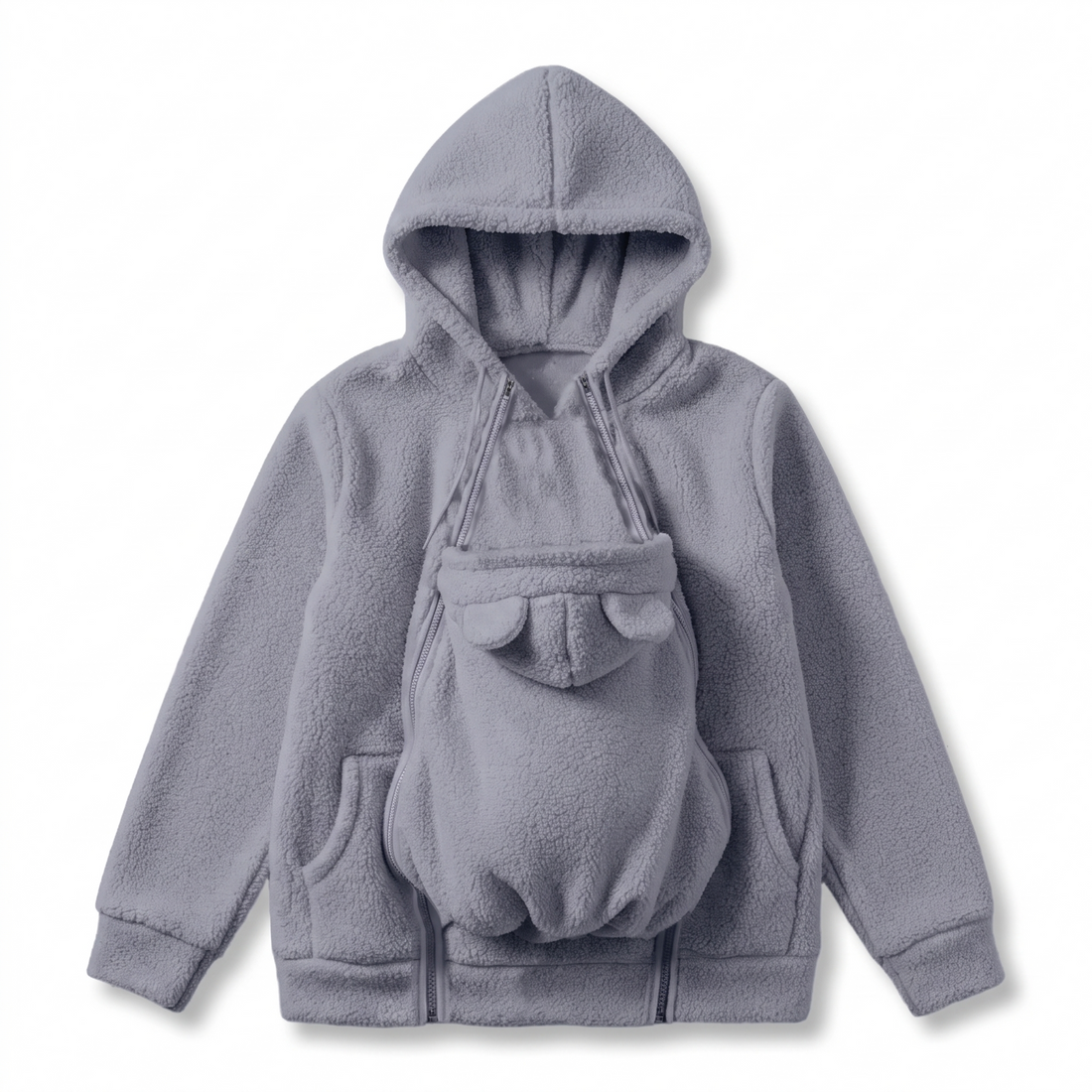 Flat lay of the grey fleece hoodie showing the front pouch with bear-ear hood, side pockets and ribbed cuffs. 5