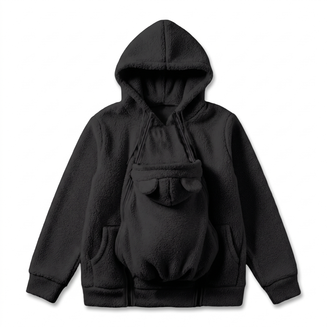 Flat lay of the black fleece hoodie with the baby pouch attached at the front, bear ears on its hood. 3