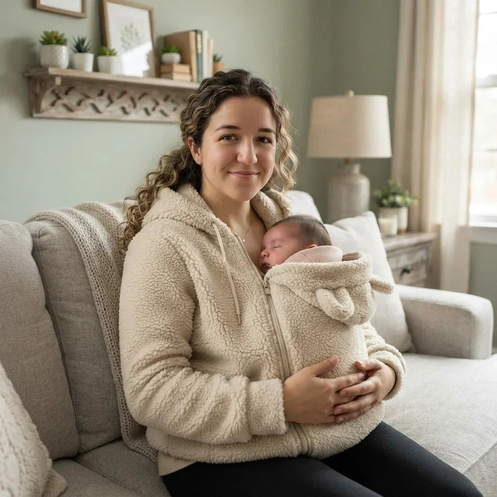 Woman in the cream fleece hoodie sitting on a sofa, a sleeping baby snug in the bear-eared pouch. 14