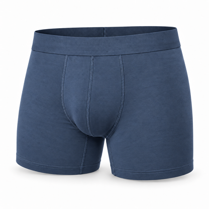 Single mid-blue boxer brief from the front, showing the wide waistband, front seams and hemmed legs. 9