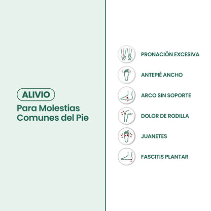 Infographic in Spanish on a pale green and white background listing common foot complaints with small icons. 12