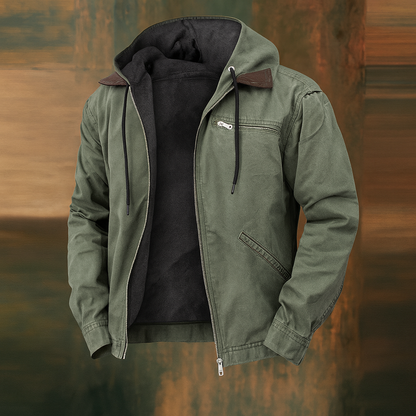 Olive green version of the hooded jacket, unzipped to show the dark fleece lining, shown against an abstract brown and green backdrop. 2