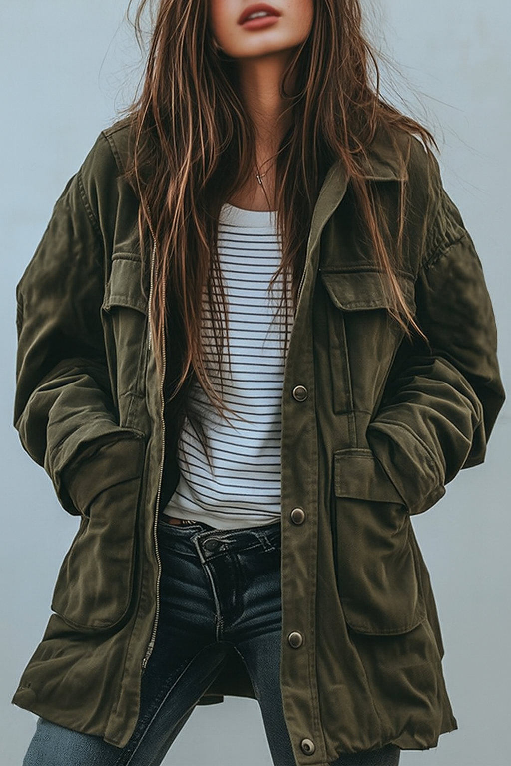 Model wearing the green utility jacket open over a striped top and dark jeans, with hands in the large front pockets. 1