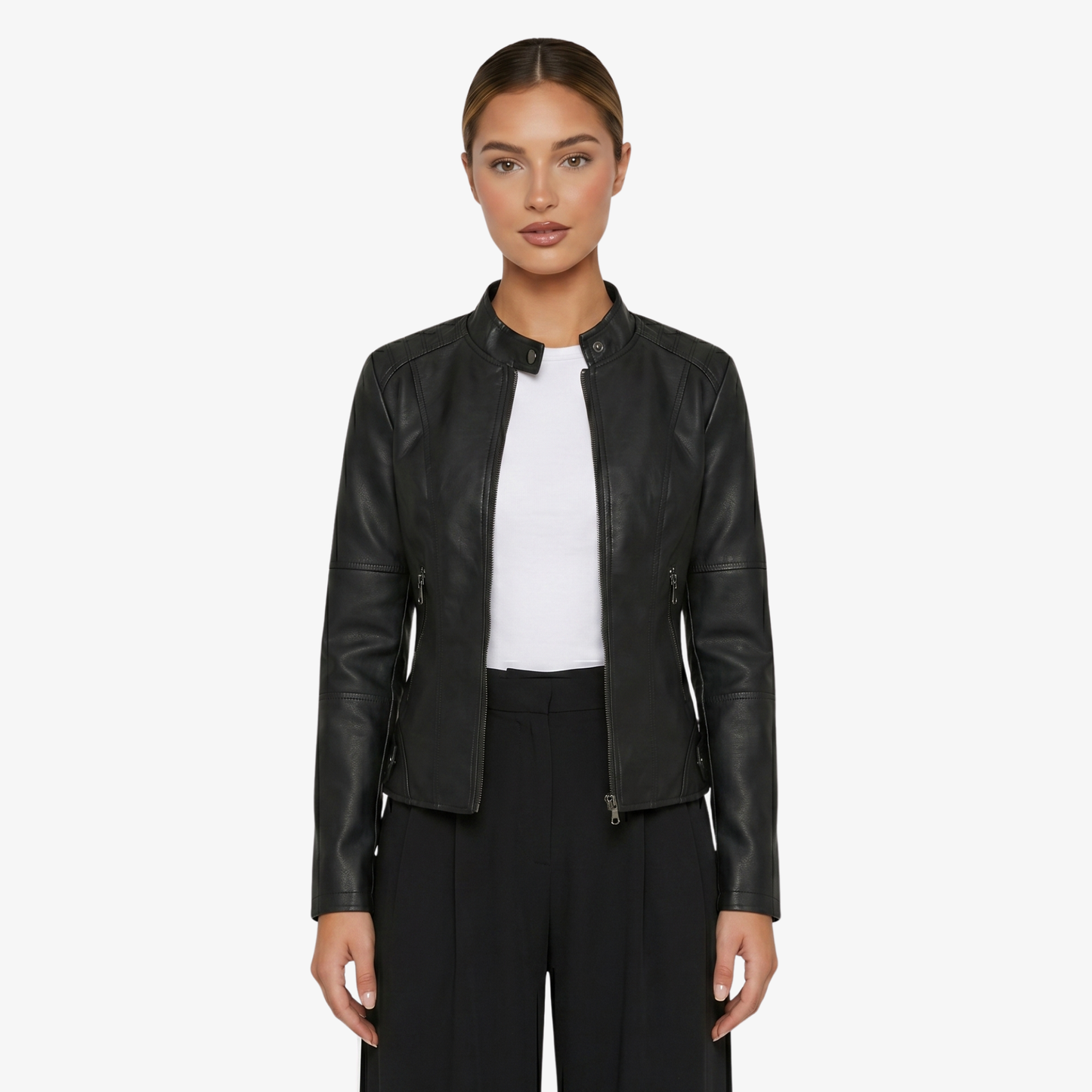 Jacket Women’s Faux Leather Zip Front Stand Collar