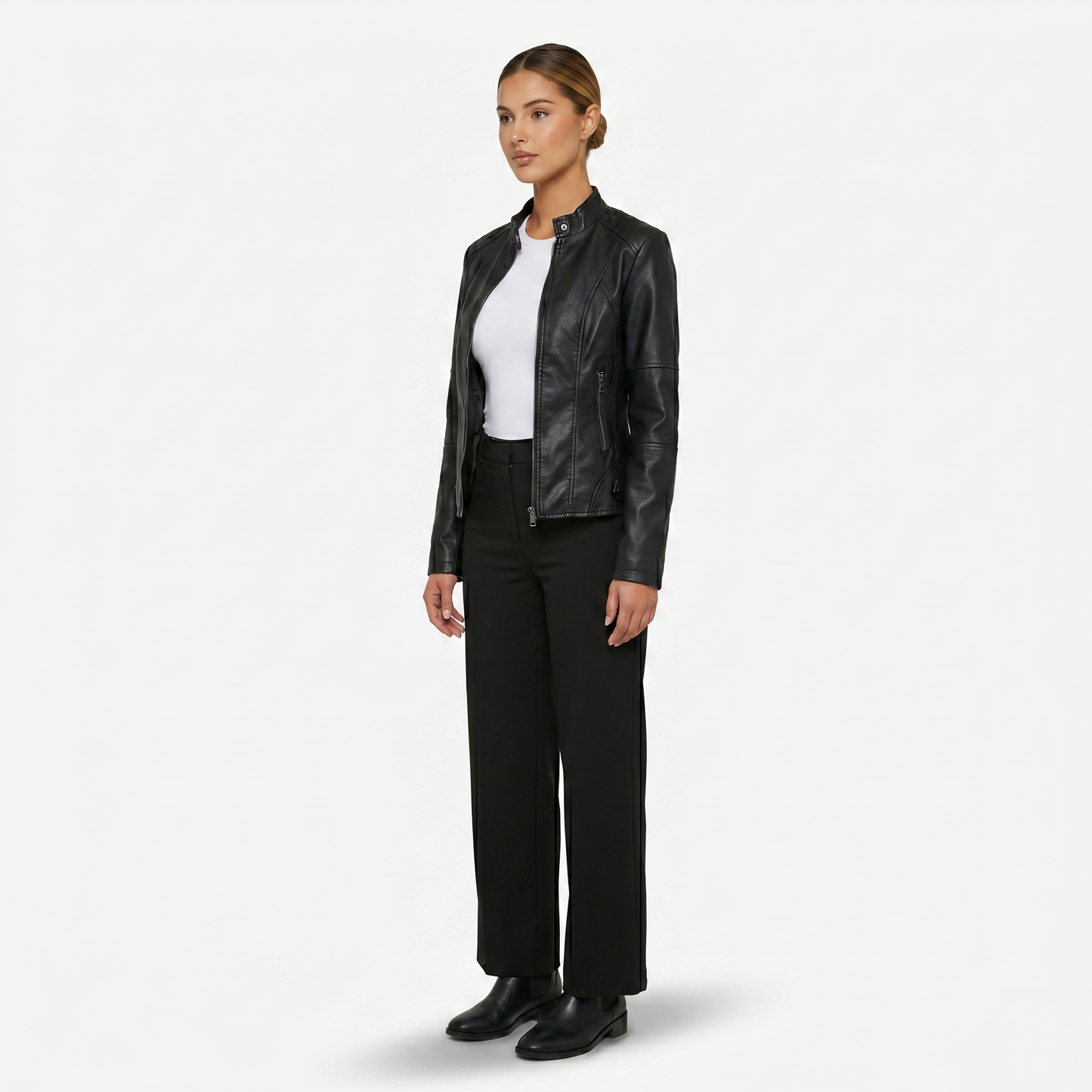 Jacket Women’s Faux Leather Zip Front Stand Collar