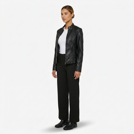 Jacket Women’s Faux Leather Zip Front Stand Collar