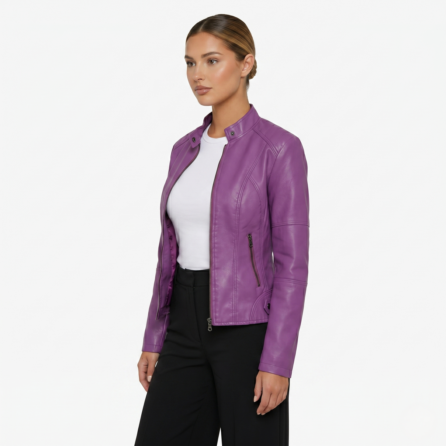 Jacket Women’s Faux Leather Zip Front Stand Collar