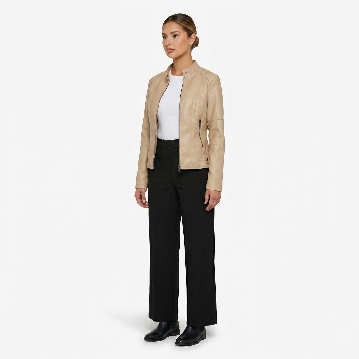 Jacket Women’s Faux Leather Zip Front Stand Collar