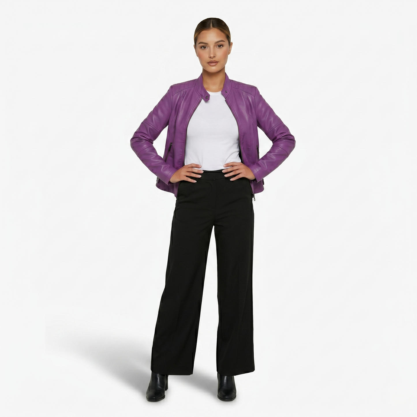 Jacket Women’s Faux Leather Zip Front Stand Collar