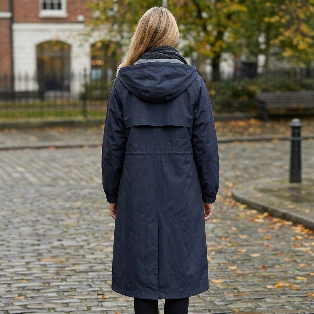 Back view of the navy hooded coat on a model on a cobbled street, showing the hood and back yoke. 8
