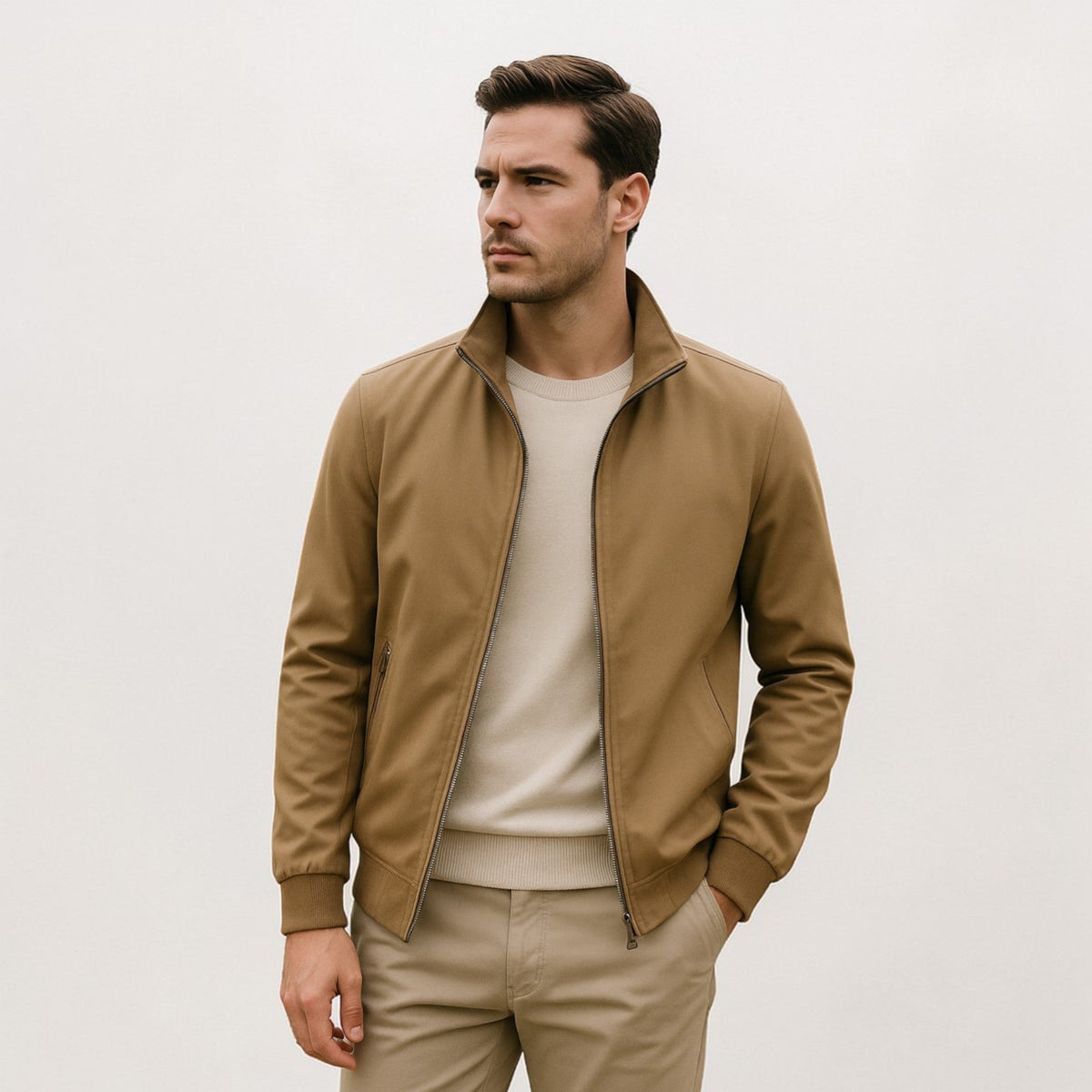 Model wearing the jacket in tan over a cream knit jumper and beige trousers, with one hand in his pocket. 4