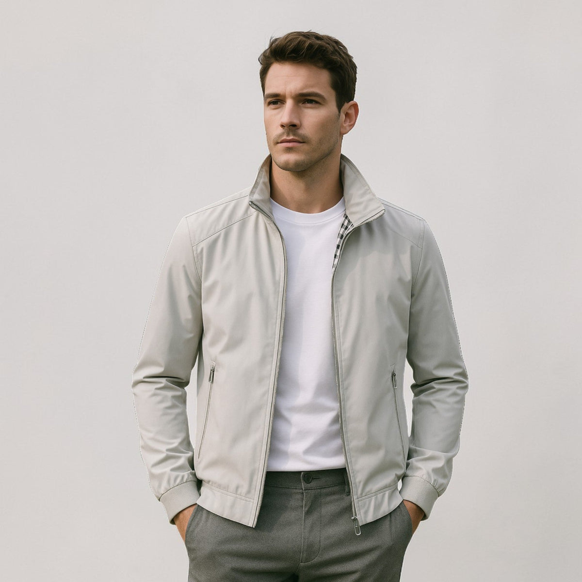 Model wearing the jacket in light grey over a white t-shirt and grey trousers, checked lining showing at the collar. 5