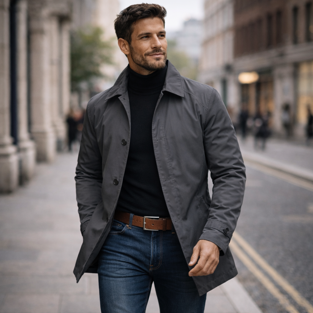 Model in the grey jacket walking along a city street, smiling and looking off to the side, one hand in pocket. 5