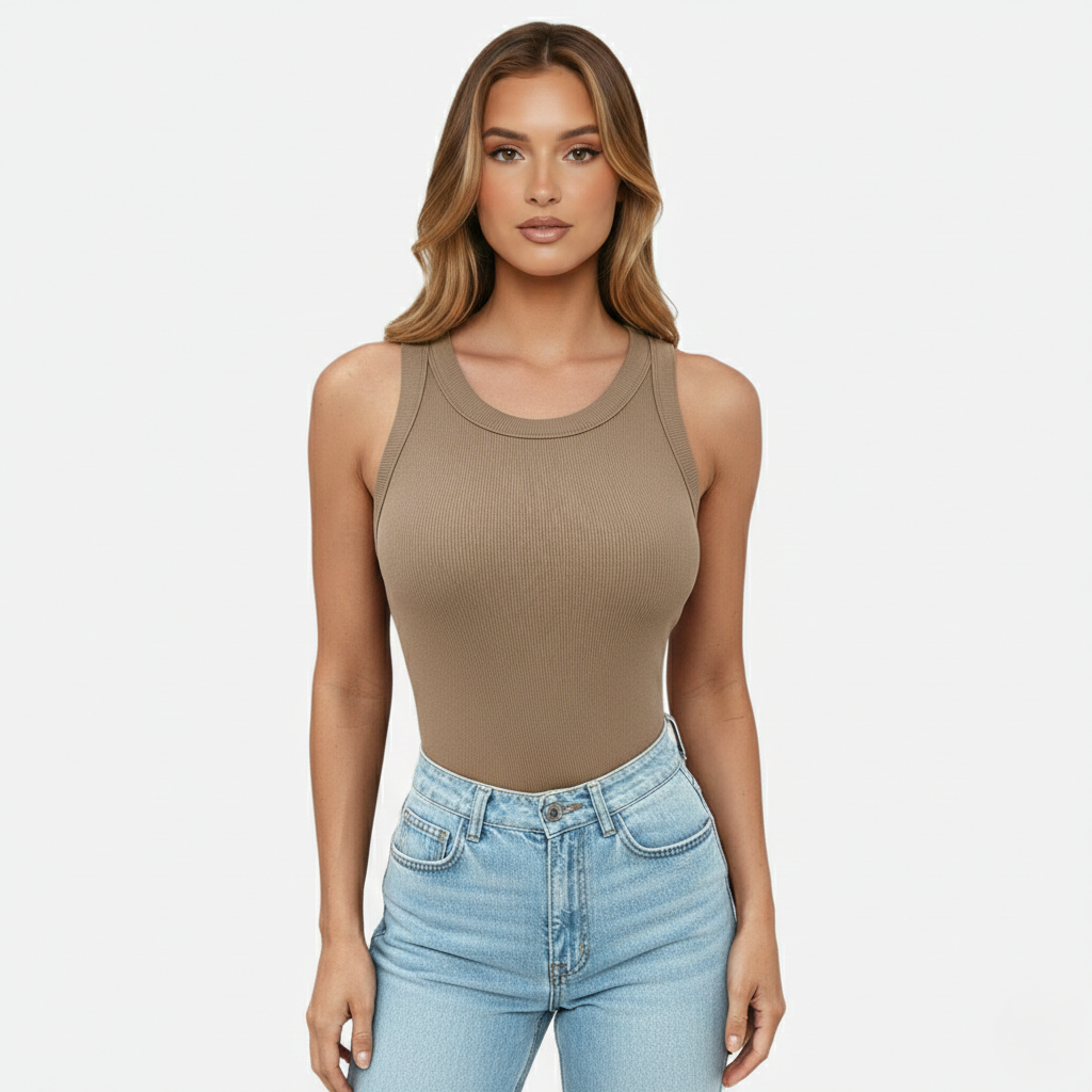 Tank Top Women's Round Neck Ribbed with Built-in Bra