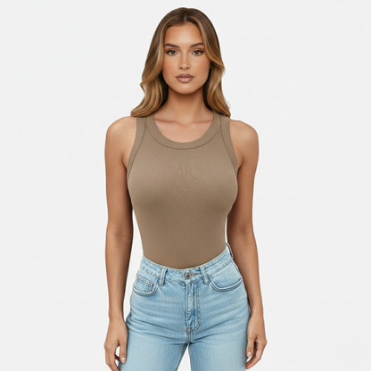 Tank Top Women's Round Neck Ribbed with Built-in Bra
