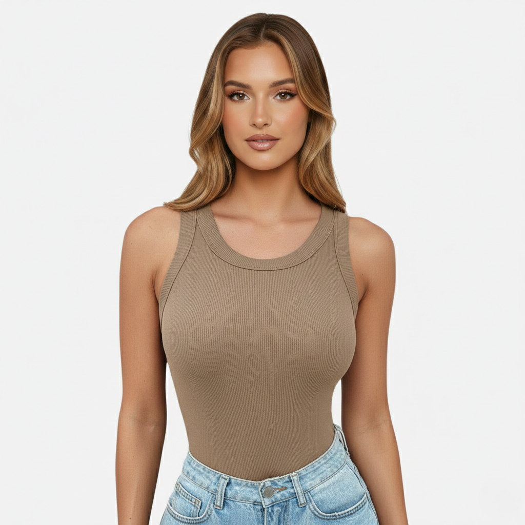Tank Top Women's Round Neck Ribbed with Built-in Bra