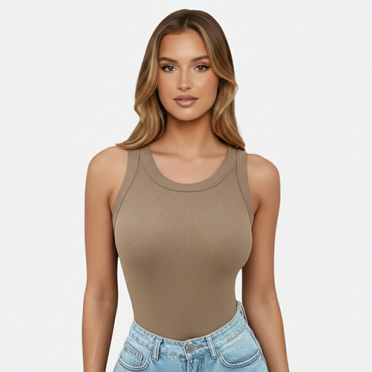 Tank Top Women's Round Neck Ribbed with Built-in Bra