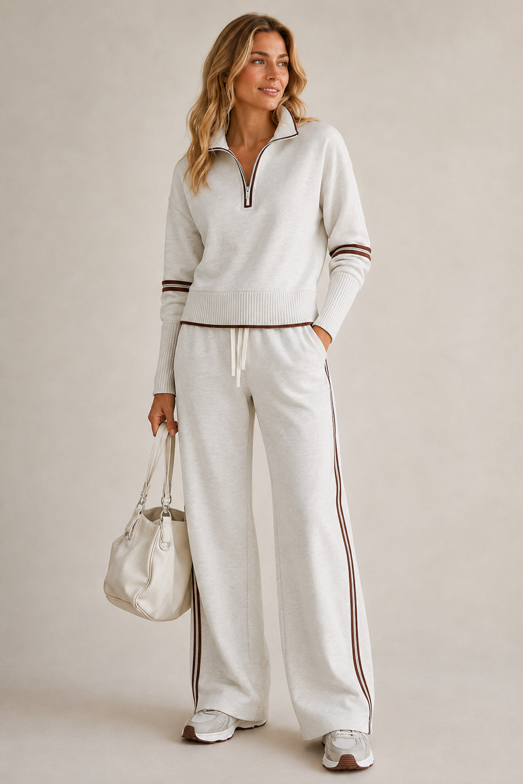 Model in the light grey marl set with brown stripes, one hand in pocket, holding a cream handbag and wearing trainers. 1