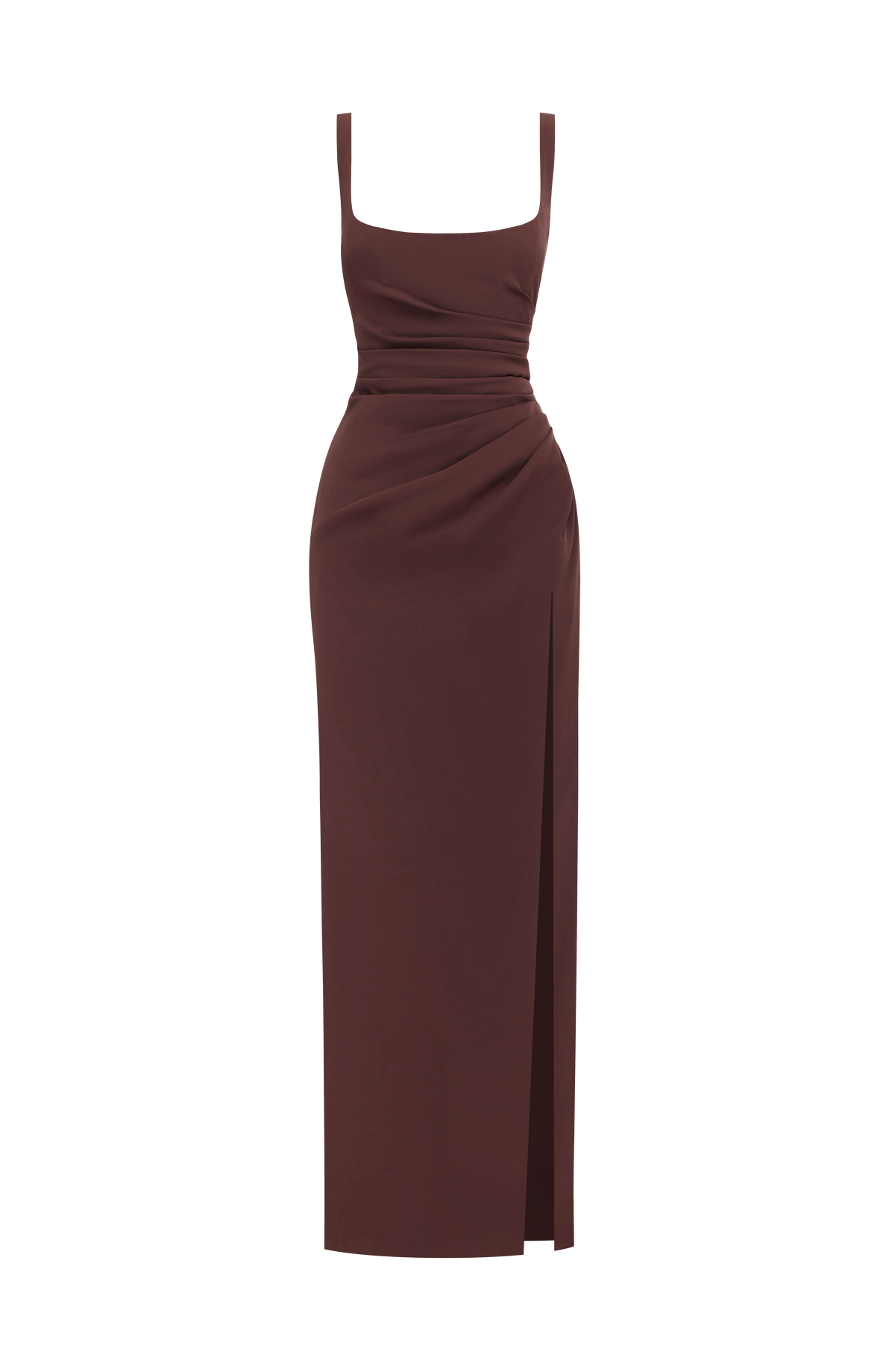 Brown maxi dress shown alone on a white background, with square neckline, ruched waist and side slit. 9