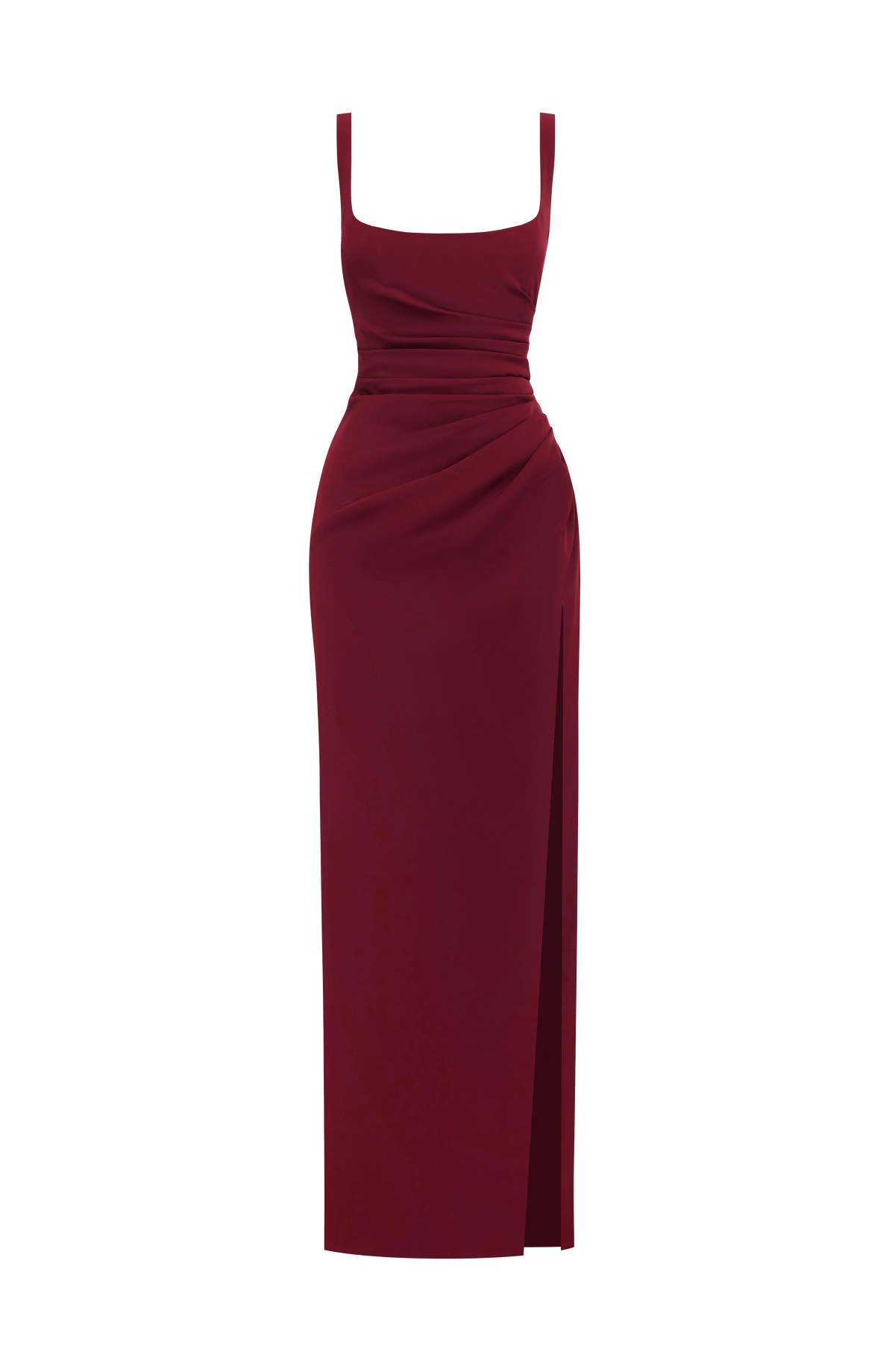 Burgundy dress shown flat on a plain white background, with wide straps, ruched waist and a high side slit. 23