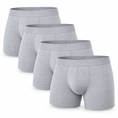 Four light grey marl boxer briefs arranged in an overlapping stack, with wide waistbands and stitched fronts. 6
