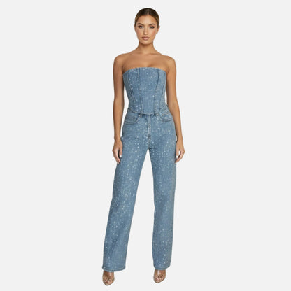 Strapless Vest Top and Straight Leg Pants Set Women’s Sequin Embellished