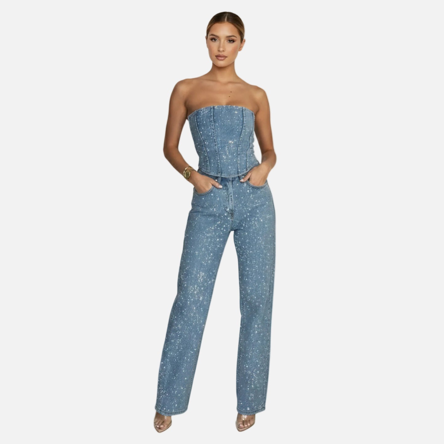 Strapless Vest Top and Straight Leg Pants Set Women’s Sequin Embellished