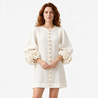 Linen Blend Shirt Dress with Rosette Trim Sleeves