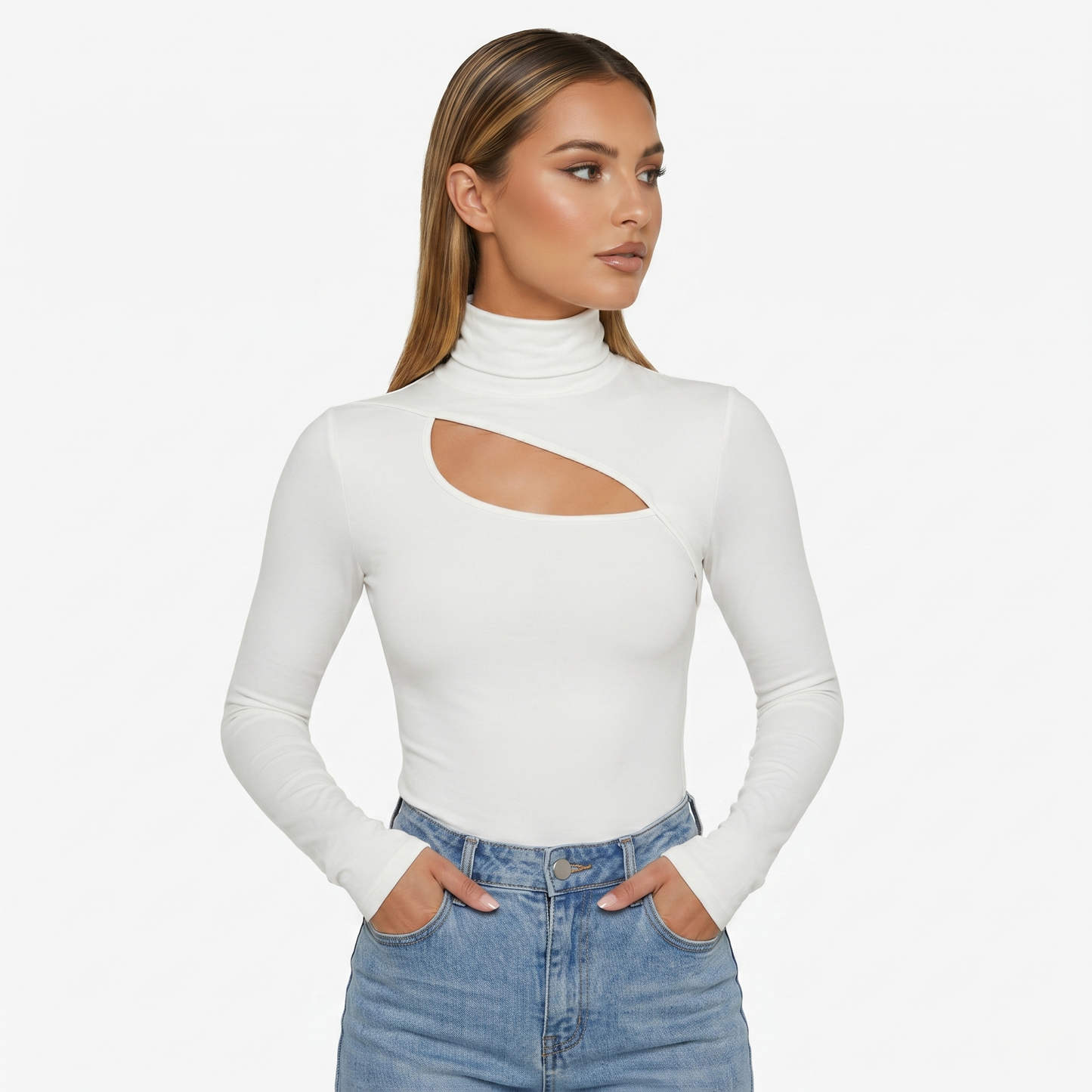 Long Sleeve Top Women’s High Neck Cut Out Detail