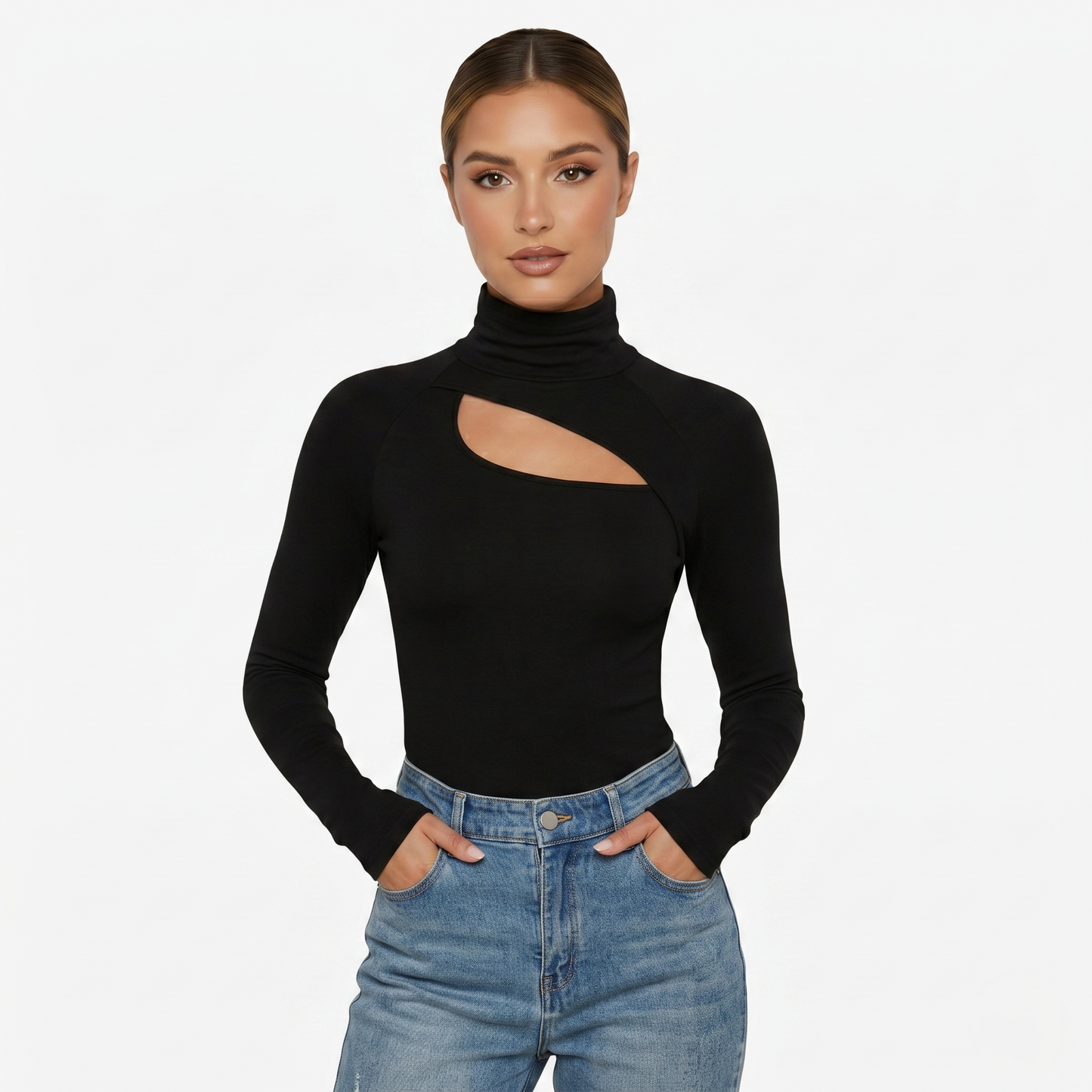 Long Sleeve Top Women’s High Neck Cut Out Detail