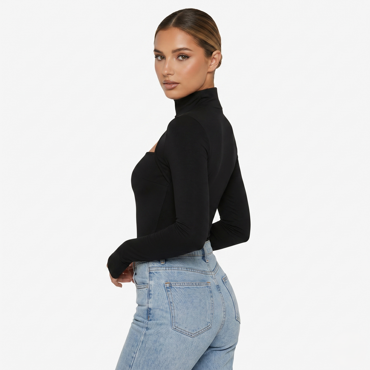 Long Sleeve Top Women’s High Neck Cut Out Detail