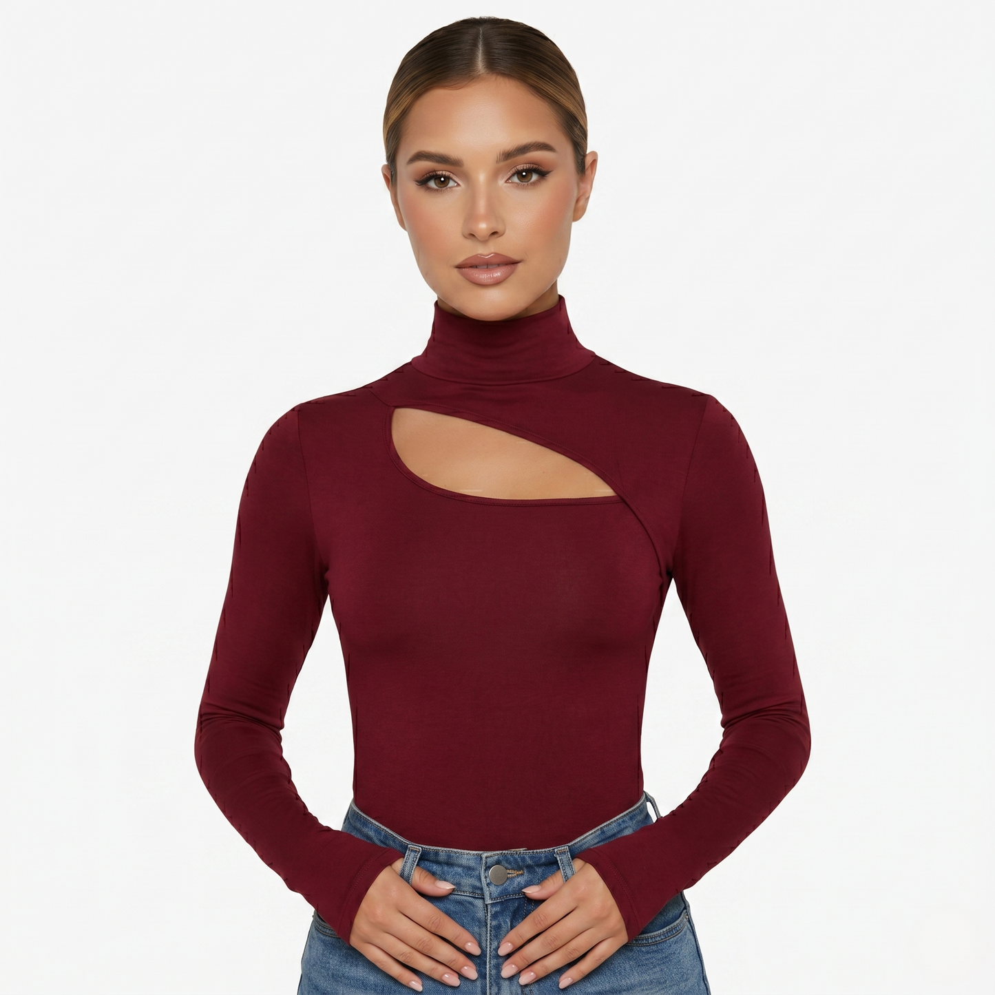 Long Sleeve Top Women’s High Neck Cut Out Detail