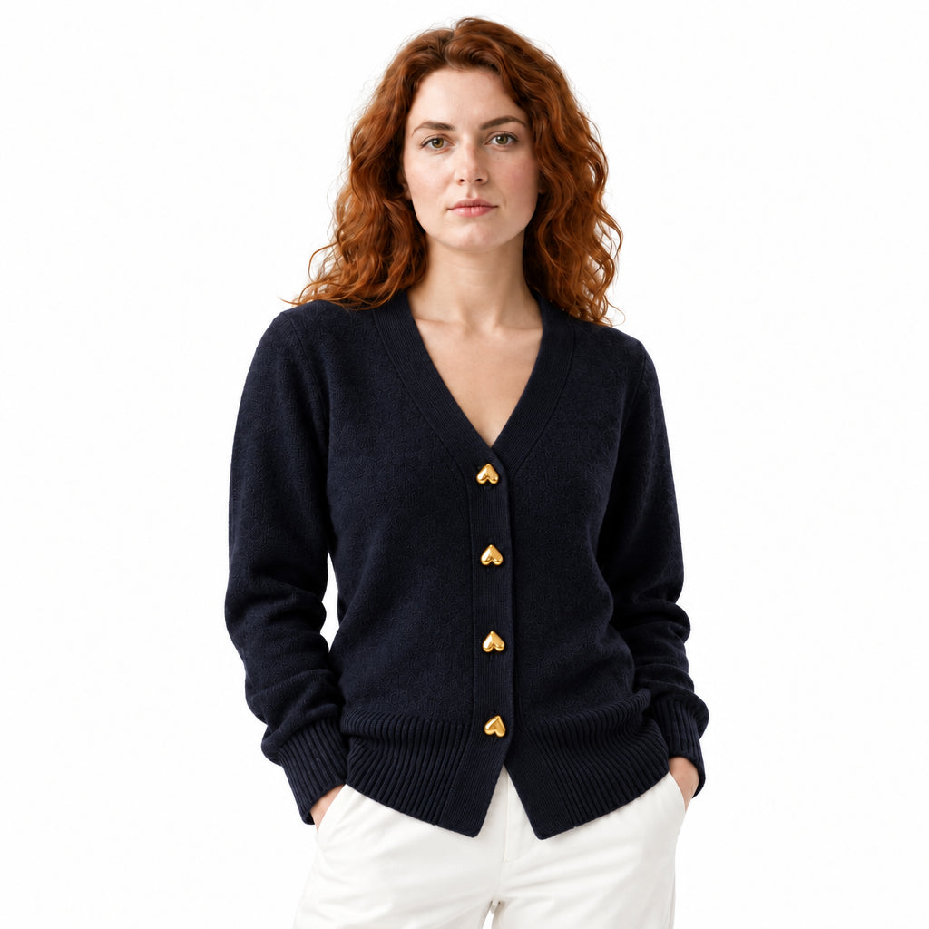 Longline Cardigan with V-Neck and Heart-Shaped Buttons
