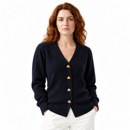 Longline Cardigan with V-Neck and Heart-Shaped Buttons