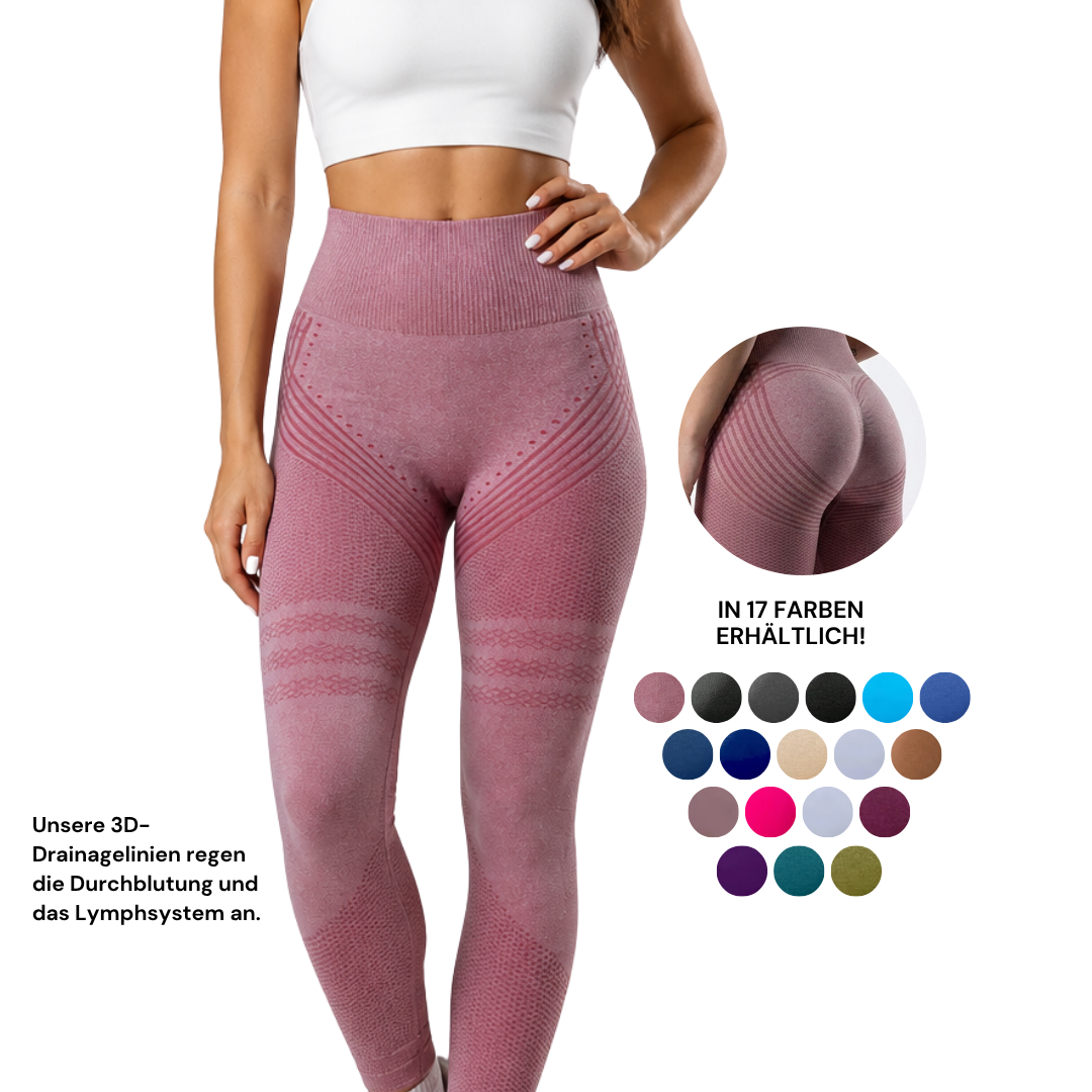 Model in dusky pink high-waisted leggings with textured line panels, a circular inset of the rear and a row of colour swatches. 1