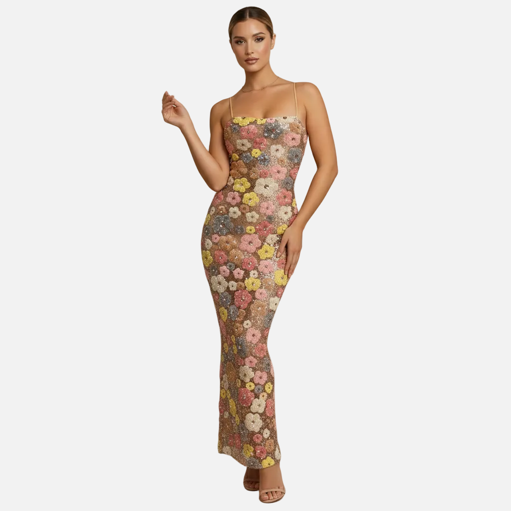 Fitted Maxi Dress Women’s Floral Print Sequin