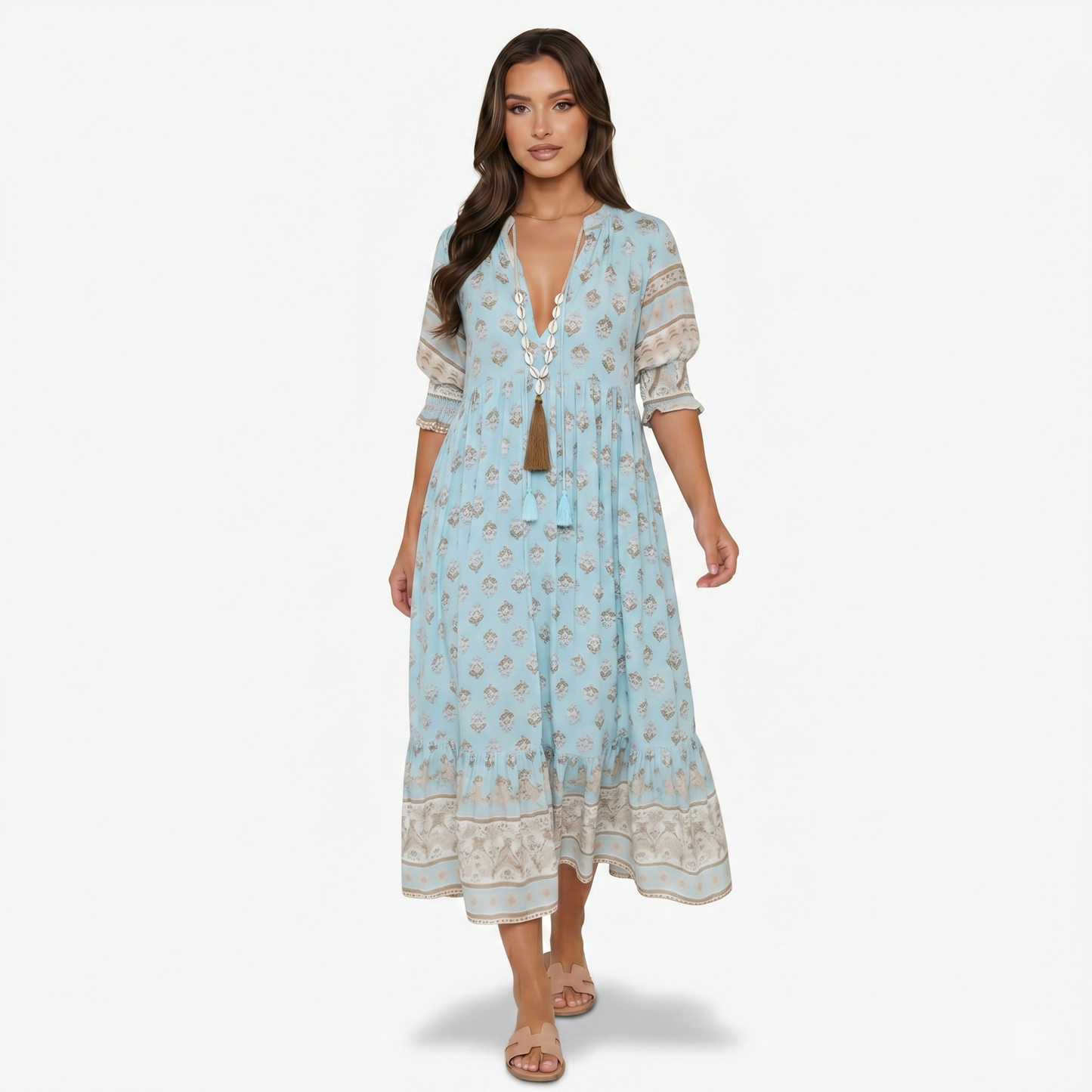 Maxi Dress Women’s Boho Print V-neck Tassel Detail