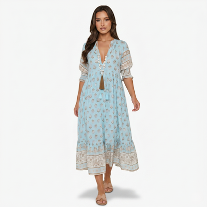 Maxi Dress Women’s Boho Print V-neck Tassel Detail