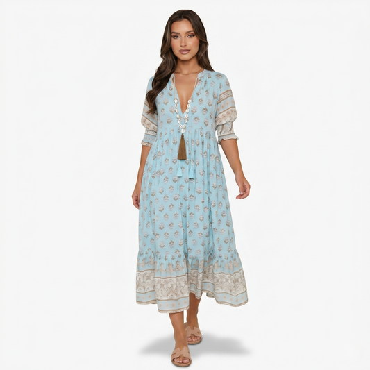 Maxi Dress Women’s Boho Print V-neck Tassel Detail