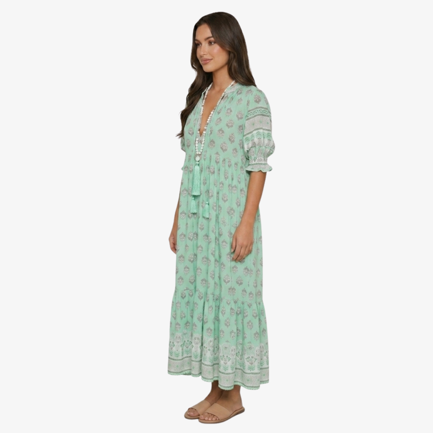 Maxi Dress Women’s Boho Print V-neck Tassel Detail