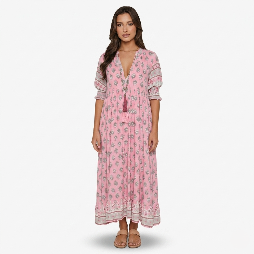 Maxi Dress Women’s Boho Print V-neck Tassel Detail
