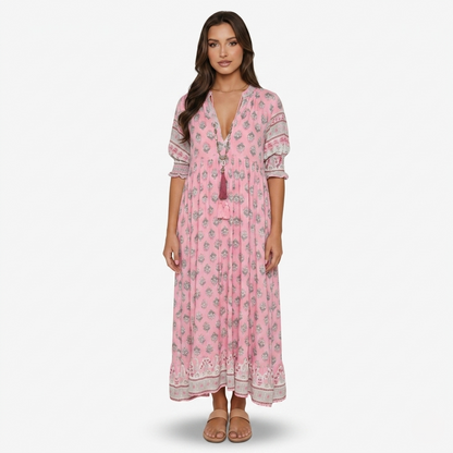 Maxi Dress Women’s Boho Print V-neck Tassel Detail
