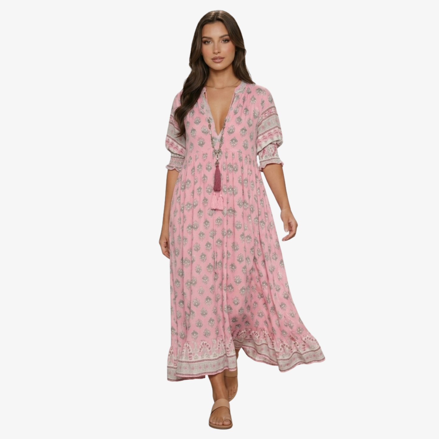 Maxi Dress Women’s Boho Print V-neck Tassel Detail