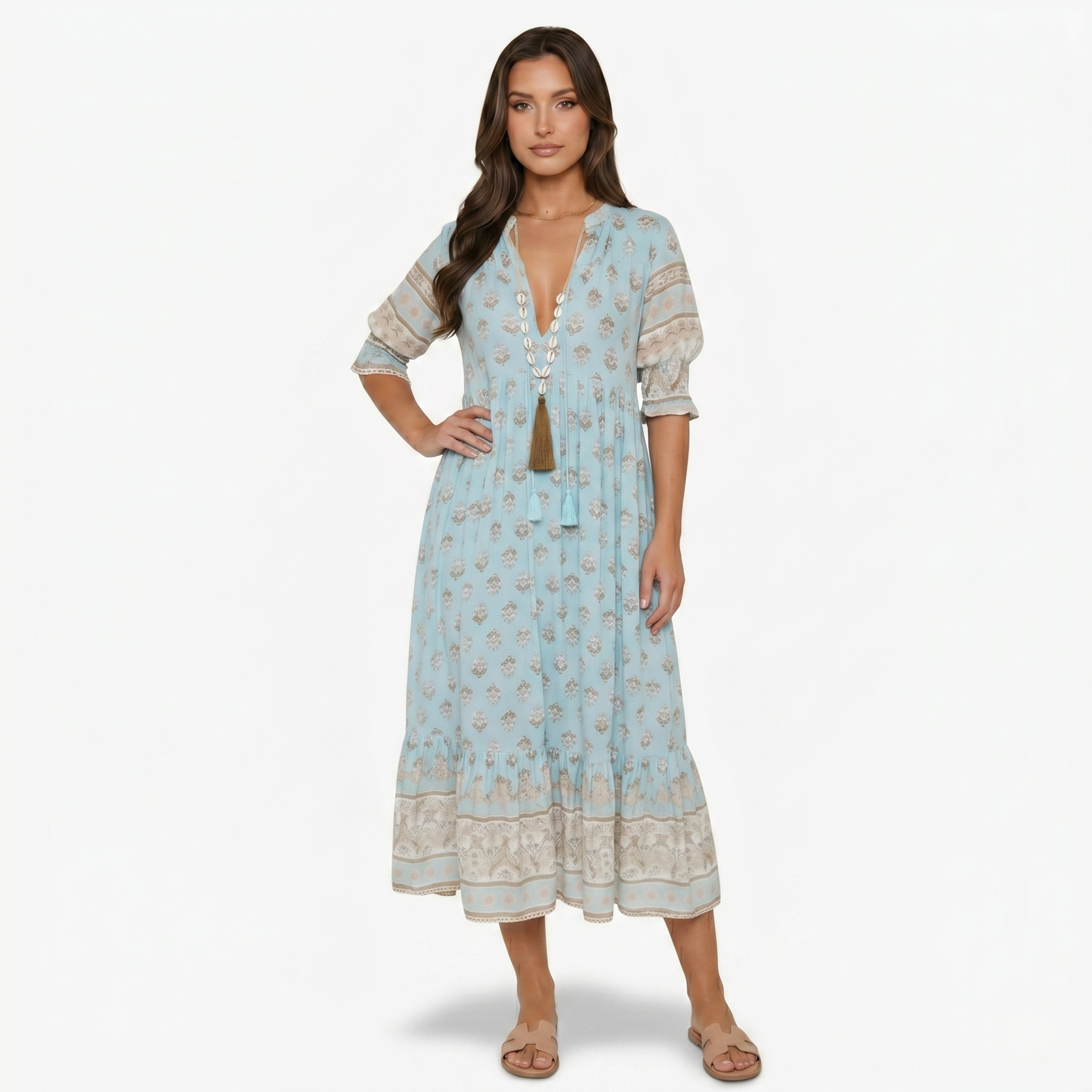 Maxi Dress Women’s Boho Print V-neck Tassel Detail