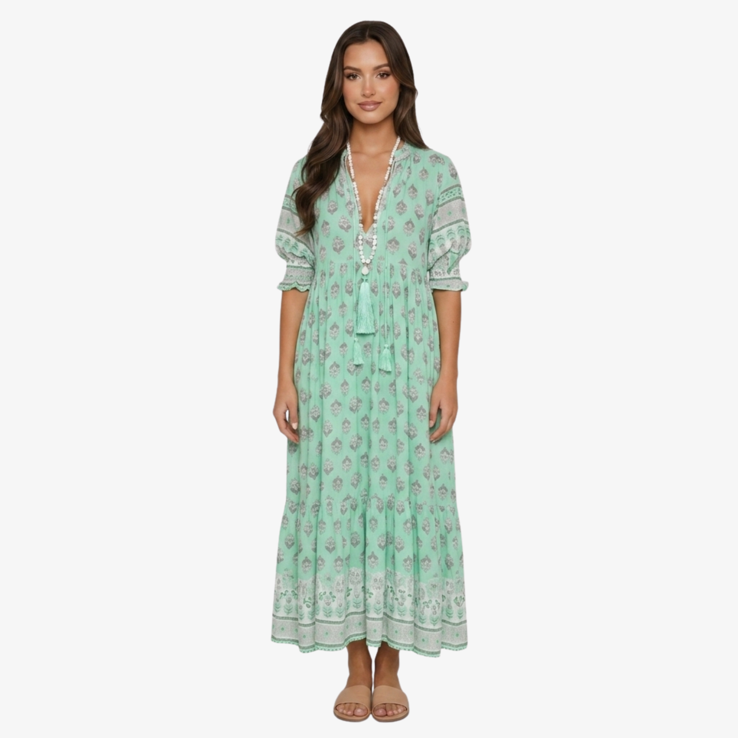 Maxi Dress Women’s Boho Print V-neck Tassel Detail