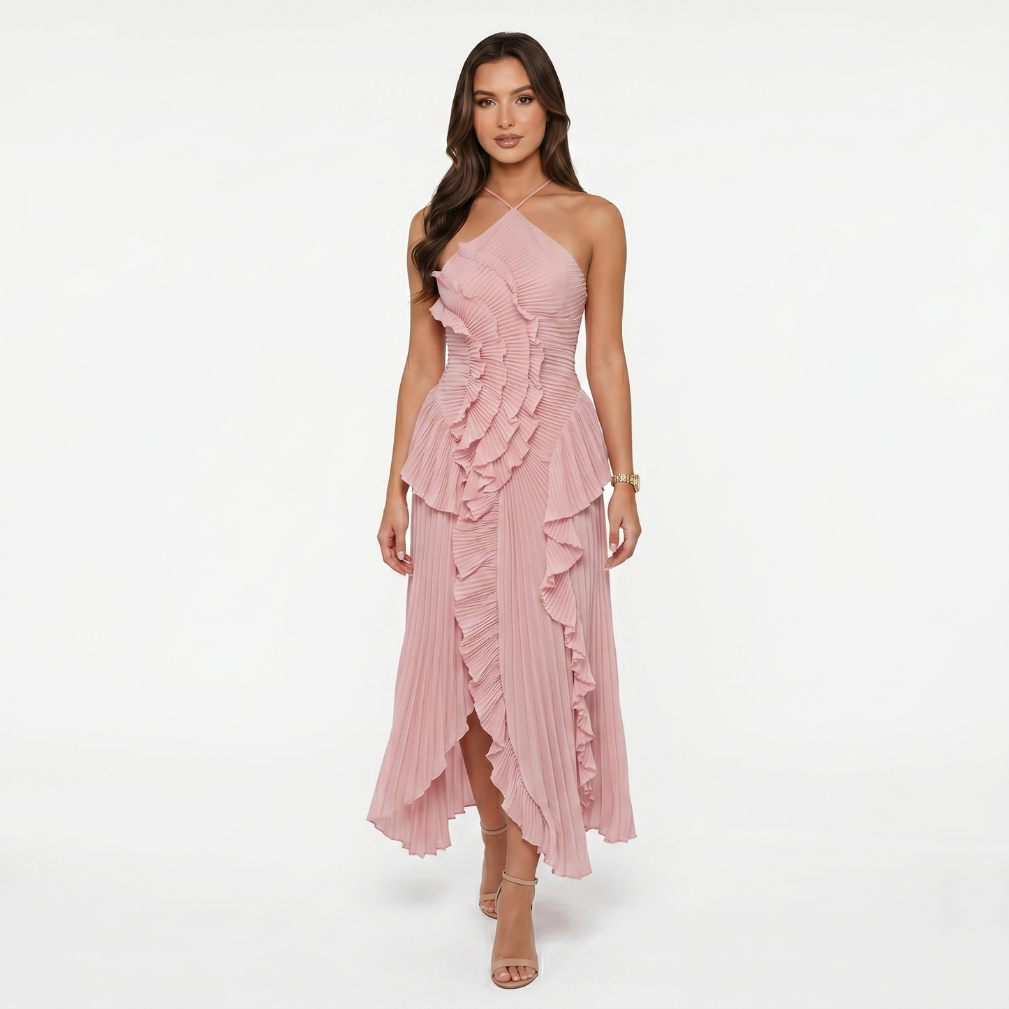 Maxi Dress Women’s Halter Neck Pleated Ruffle Sleeveless Back Tie